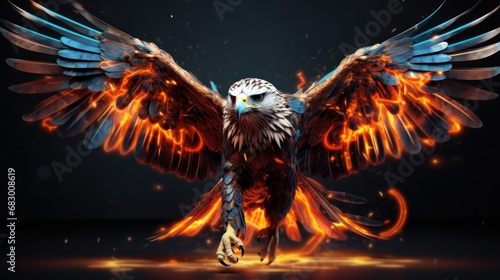  a picture of a bird that is in the air with fire and flames all around it's body and wings. photo