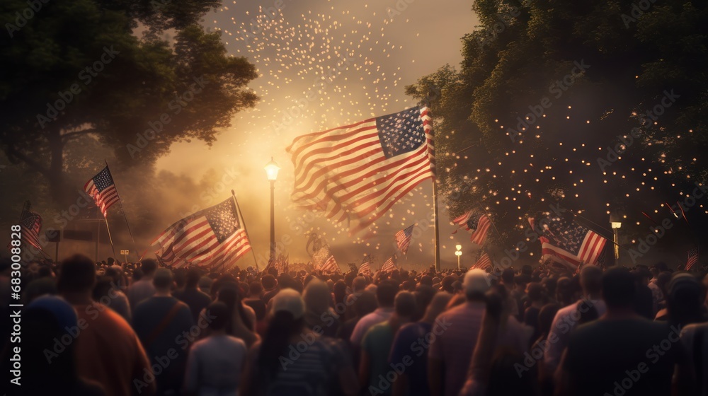 Crowd of people with american flags and fireworks on the background. Independence Day. July 4 Concept. - obrazy, fototapety, plakaty 