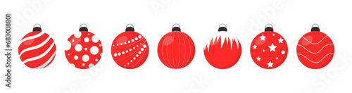 Collection of red Christmas balls on white background. Holiday decoration. Vector illustration. 