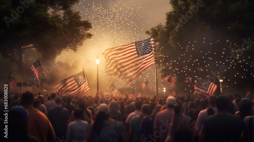 Crowd of people with american flags and fireworks on the background. Independence Day. July 4 Concept. photo