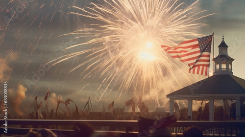 Patriotic fireworks with the flag of the United States of America. Independence Day. July 4 Concept. Patriotism Concept. USA Flag.