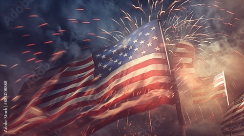 American flag with fireworks on dark sky background. Independence Day. July 4 Concept. Patriotism Concept. USA Flag.