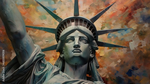 Statue of Liberty in New York City, USA. Independence Day. July 4 Concept. Patriotism Concept. USA Flag.