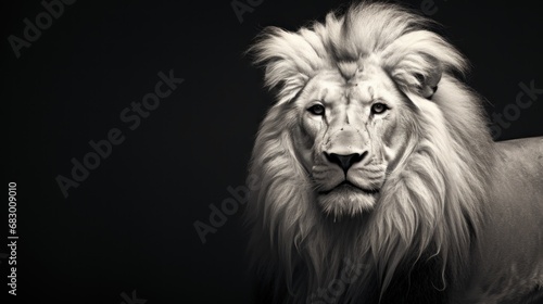  a black and white photo of a lion on a black background The lion is in the center of the image, with the dark background providing a stark contrast to its white fu