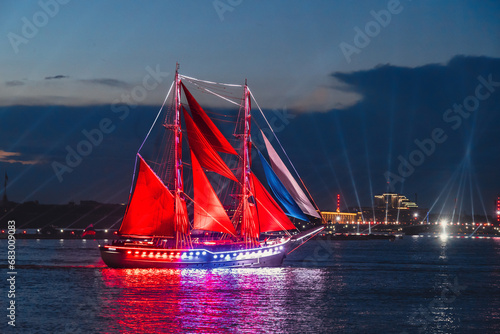 Fototapeta Scarlet sails ship on Neva river on Neva river on alumni celebration