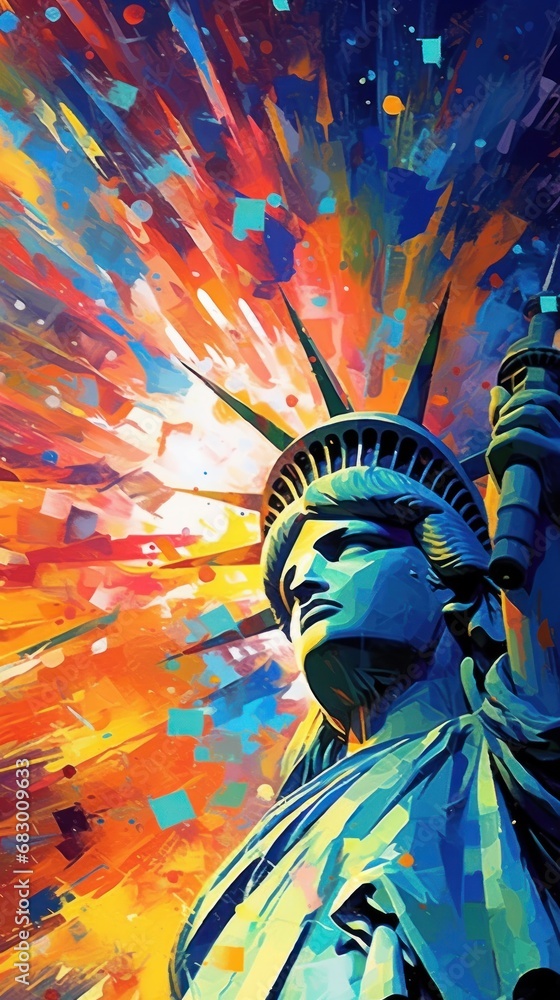 Statue of Liberty in USA. Colorful illustration. Independence Day. July 4 Concept. Patriotism Concept. USA Flag.