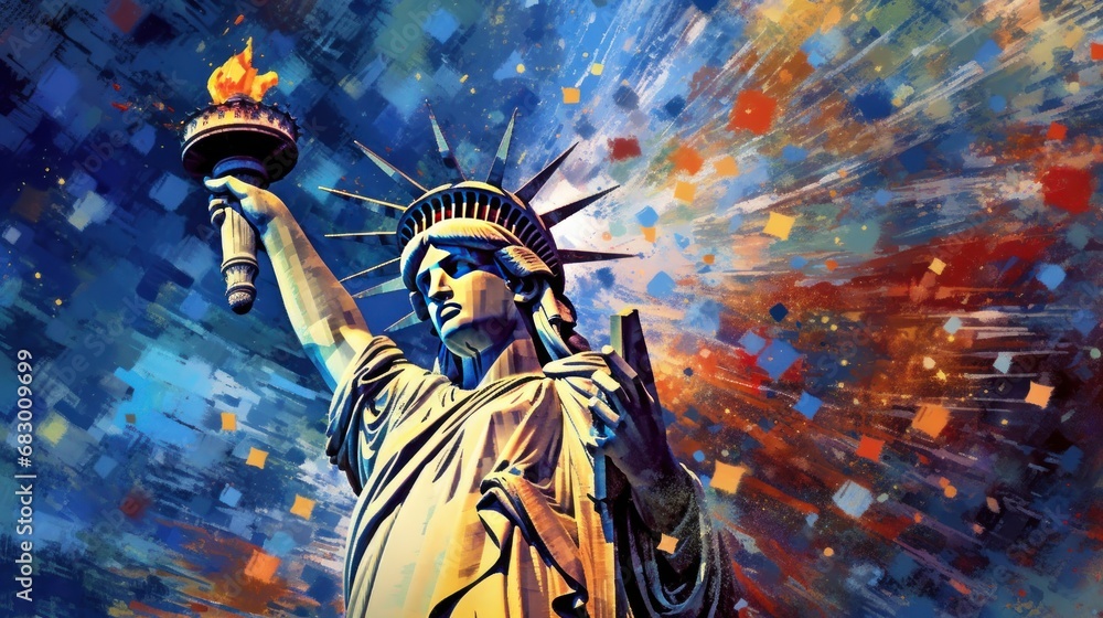 The Statue of Liberty. Independence Day. July 4 Concept. Patriotism Concept. USA Flag. - obrazy, fototapety, plakaty 