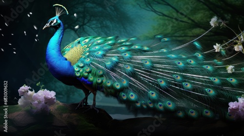  a peacock is standing on a rock with its feathers spread out and its feathers are spread out and its feathers are spread out.