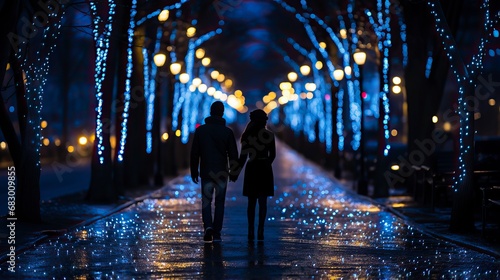 A winter morning scene of a couple walking hand in hand ,Winter Landscape,Panaromic Image