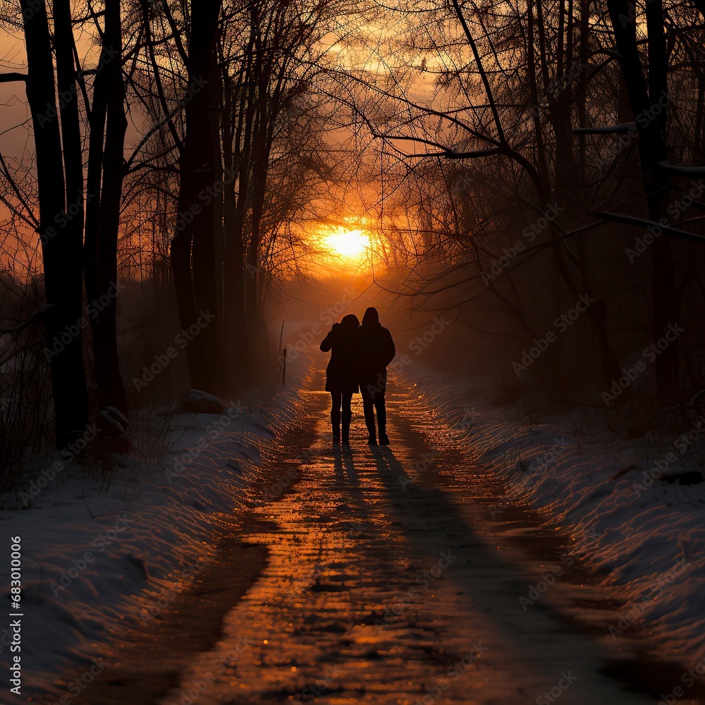 A winter morning scene of a couple walking hand-in-hand ,Winter Landscape,Panaromic Image A winter morning scene of a couple walking hand-in-hand ,Winter Landscape,Panaromic Image
