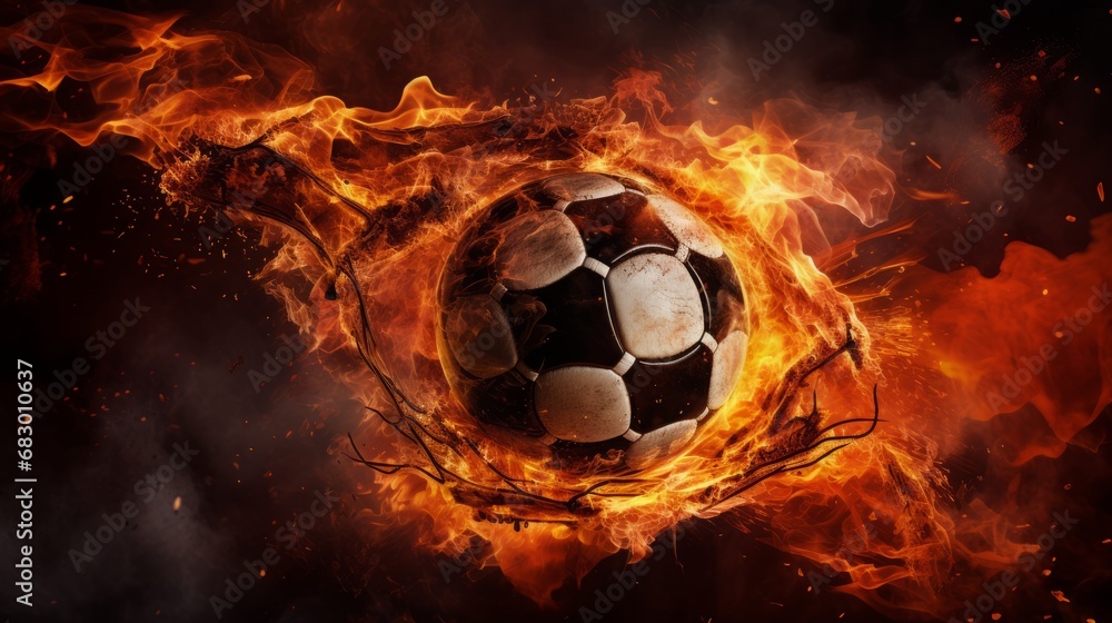Fototapeta premium Dynamic Soccer Victory: Blazing Soccer Ball Hits the Net in a Fiery Triumph