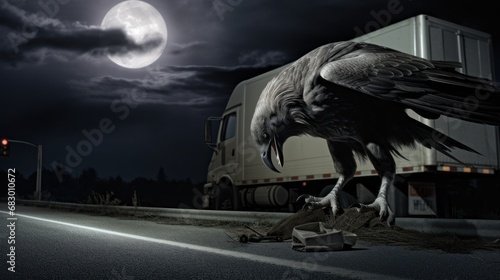  a large black bird standing on the side of a road next to a white truck and a red traffic light.