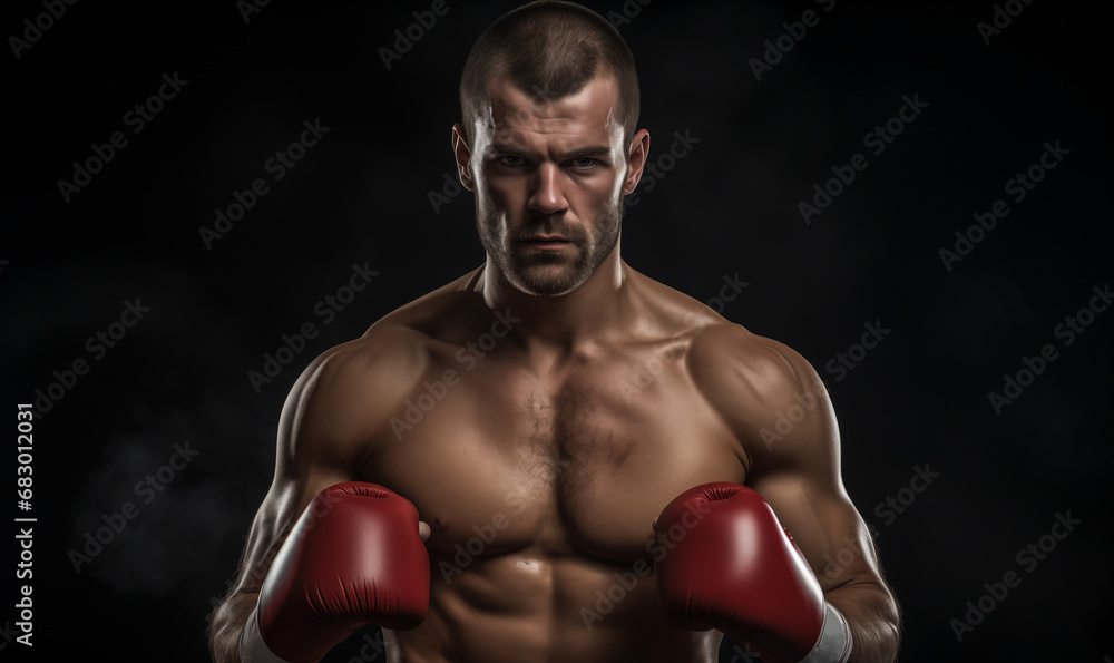 Muscular young man wearing boxing gloves. Boxer in a rack with gloves raised for hitting. Boxer with an aggressive look in red boxing gloves before a fight against a black background. 