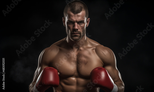Muscular young man wearing boxing gloves. Boxer in a rack with gloves raised for hitting. Boxer with an aggressive look in red boxing gloves before a fight against a black background. 