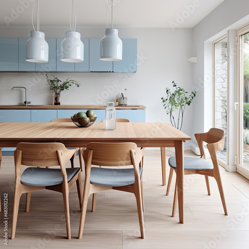 Wooden dining table and blue chairs. Scandinavian home interior design of modern dining room.