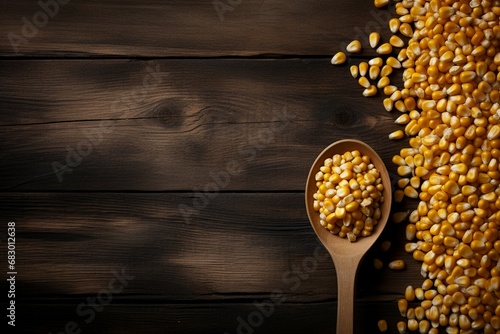 corn seeds in a spoon on a grey wooden background top view, Corn seeds top view, corn seed on a wooden table, corn top view