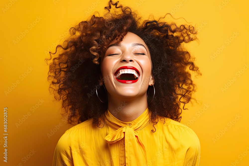 happy joyful woman with her hair flying wildly is laughing heartily against a vivid yellow background happy joyful woman with her hair flying wildly is laughing heartily against a vivid yellow background