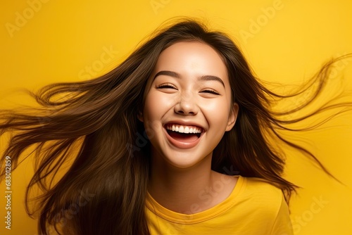 A joyful young woman with her hair flying wildly is laughing heartily against a vivid yellow background.