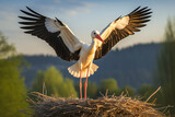 Stork standing in a nest with its wings spread out