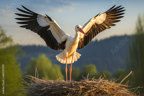 Stork standing in a nest with its wings spread out
