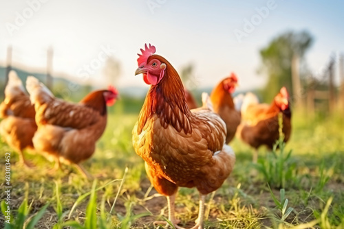 Free range chickens in a field at a farm