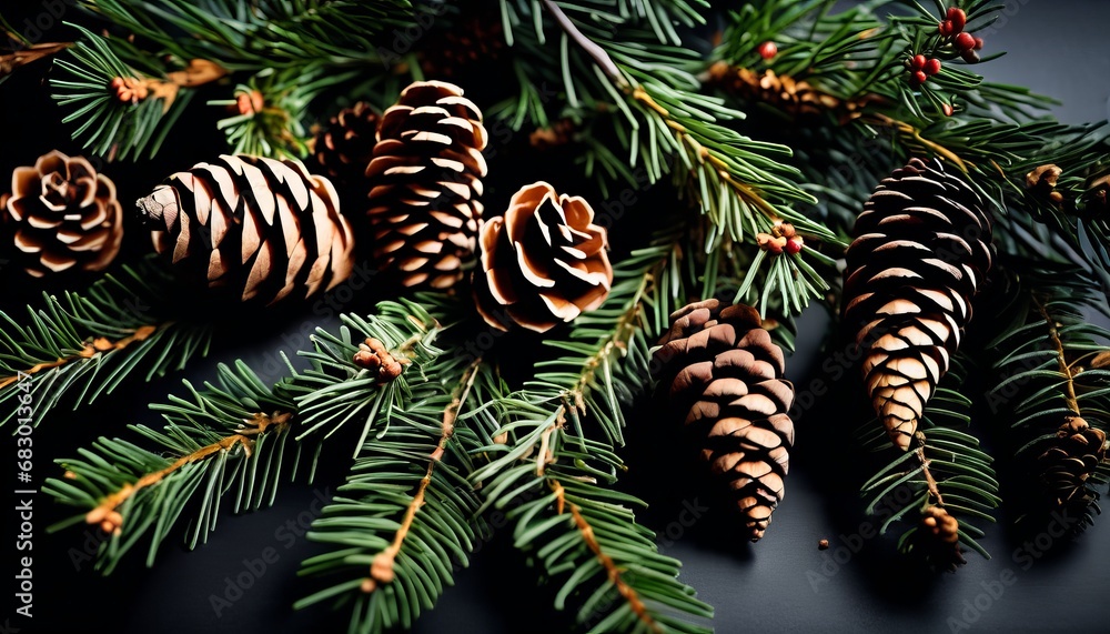overhead view on spuce and thuja branches with cones, Christmas background
