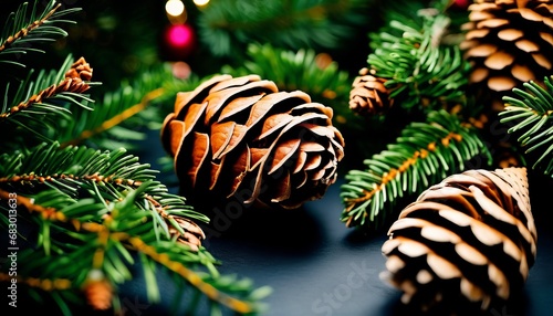 overhead view on spuce and thuja branches with cones, Christmas background photo