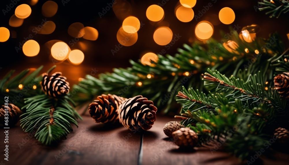 overhead view on spuce and thuja branches with cones, Christmas background