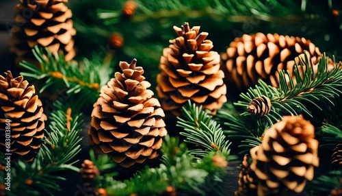 Obraz na płótnie overhead view on spuce and thuja branches with cones, Christmas background w salonie