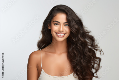 Woman with wavy dark hair on white background