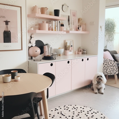 Spacious kitchen interior with neat pink cabinets and a dog sitting on a dotted rug