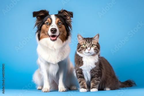 Tabby cat and border collie dog smiling against blue background © HY