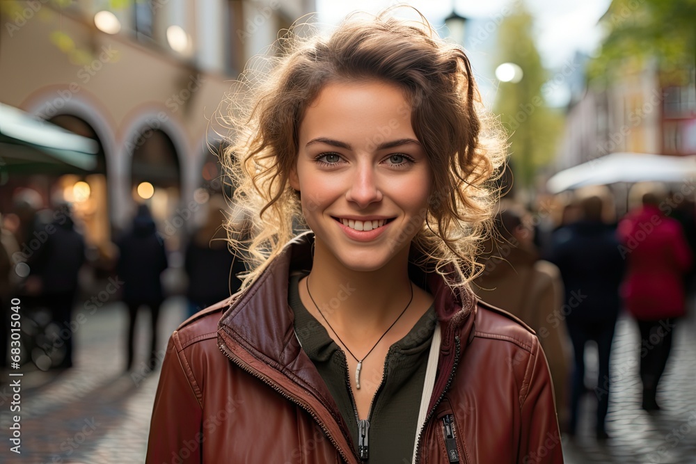 A woman wearing a leather jacket smiles at the camera.