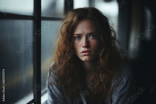 beautiful woman with a sad expression on her face looking out the window