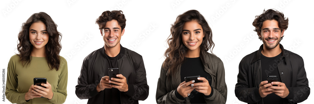 Collection of portrait beautiful, young brunette women and men holding a phone isolated on white background - obrazy, fototapety, plakaty 