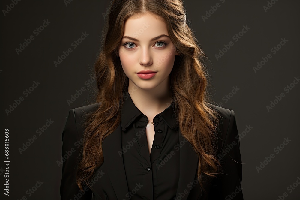 A woman with long hair confidently poses while wearing a black shirt. A woman with long hair confidently poses while wearing a black shirt.