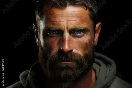 A detailed view of a man with a beard, showcasing his facial features and grooming style. © AI Exclusive 
