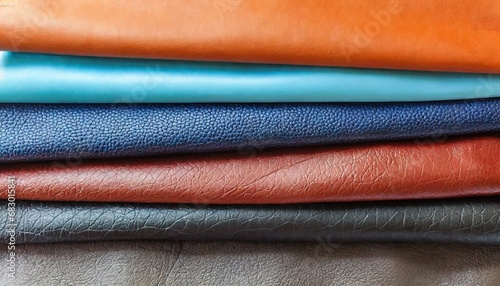 Close up multicolor of leathers background. folded leathers texture. Faux leather fabric, leatherette fabric for clothing photo