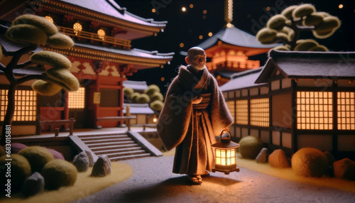 Generative AI image of a serene scene with a monk holding a lantern walking through a snowy temple compound at night, exuding a sense of peace and tranquility. Set made in felt material photo