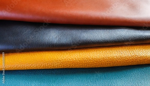 Close up multicolor of leathers background. folded leathers texture. Faux leather fabric, leatherette fabric for clothing