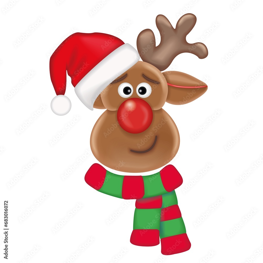 reindeer wearing Santa Claus Christmas hat and scarf reindeer wearing Santa Claus Christmas hat and scarf
