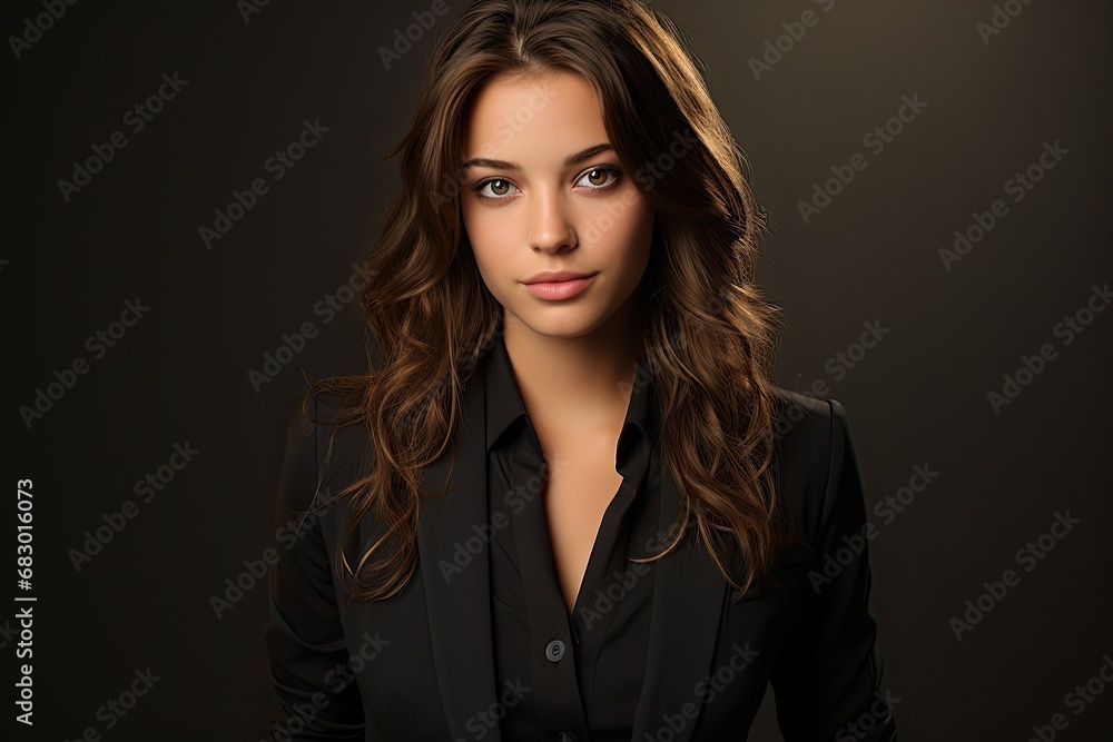 A professional woman dressed in a black suit strikes a pose for a portrait.