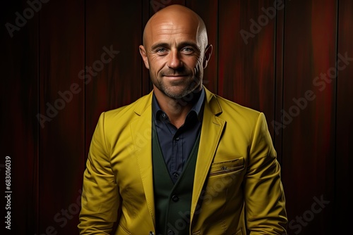 A bald man wearing a yellow jacket strikes a pose as he gets ready for a photograph.