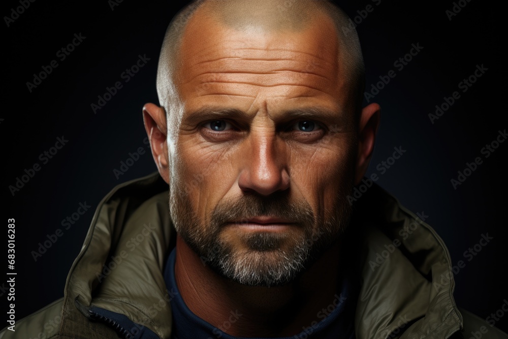 Obraz premium A man with a bald head confidently wears a jacket, displaying a stylish and practical look.
