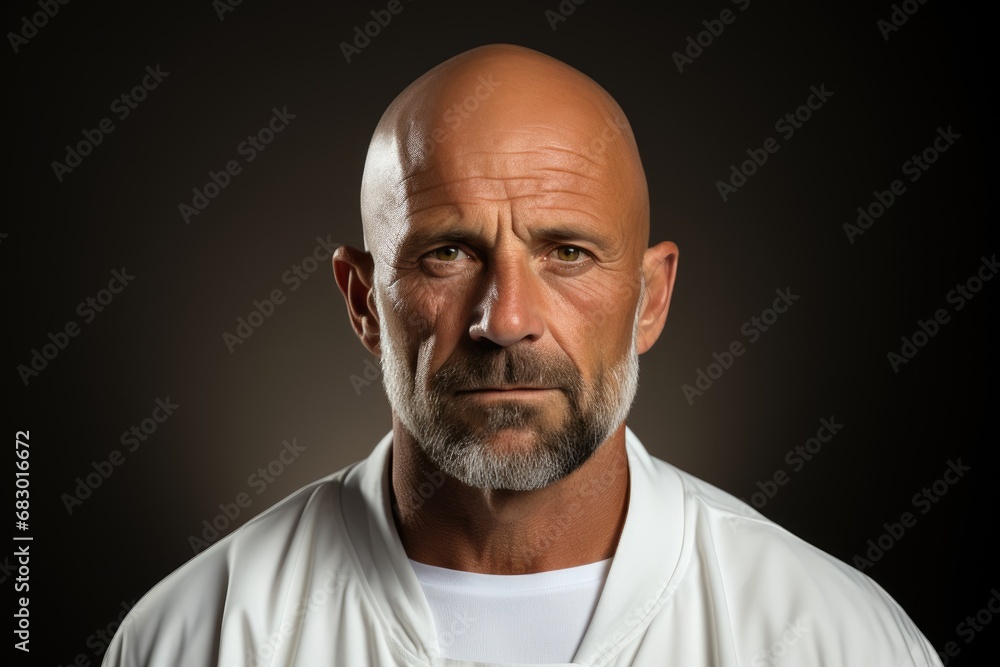 A bald-headed man confidently sports a white shirt. A bald-headed man confidently sports a white shirt.