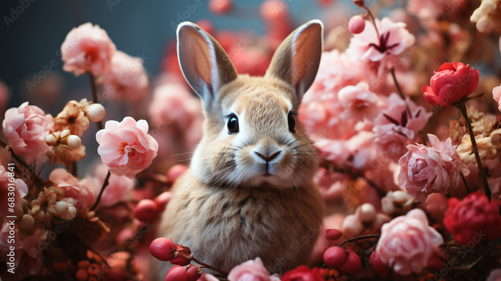 Romantic poster. Cute, fluffy bunny looking at the camera. Soft pink-blue tones, among flowers,  misty background. Close-up. Generative AI.
