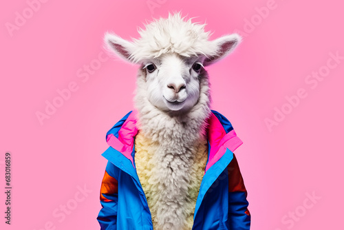 Generative AI illustration of charming alpaca wearing a colorful windbreaker jacket poses with whimsical expression against a vibrant pink background photo