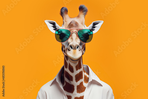 Generative AI illustration of giraffe with an artistic twist in an elegant white shirt and cool mirrored sunglasses against orange background photo