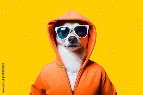 Generative AI illustration of cool sloth in an orange hoodie and trendy sunglasses poses confidently against a bright yellow background photo