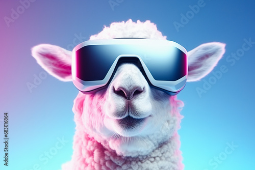 Generative AI illustration of futuristic sheep sports sleek VR glasses against a gradient blue to pink background creating a cyberpunk inspired look photo